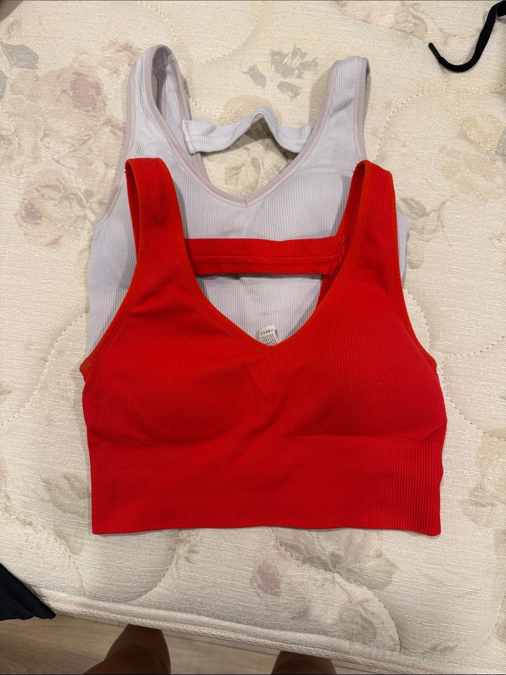 T.J.Maxx Red Ribbed V-Neck Crop Bralette with Light Gray Back Layer